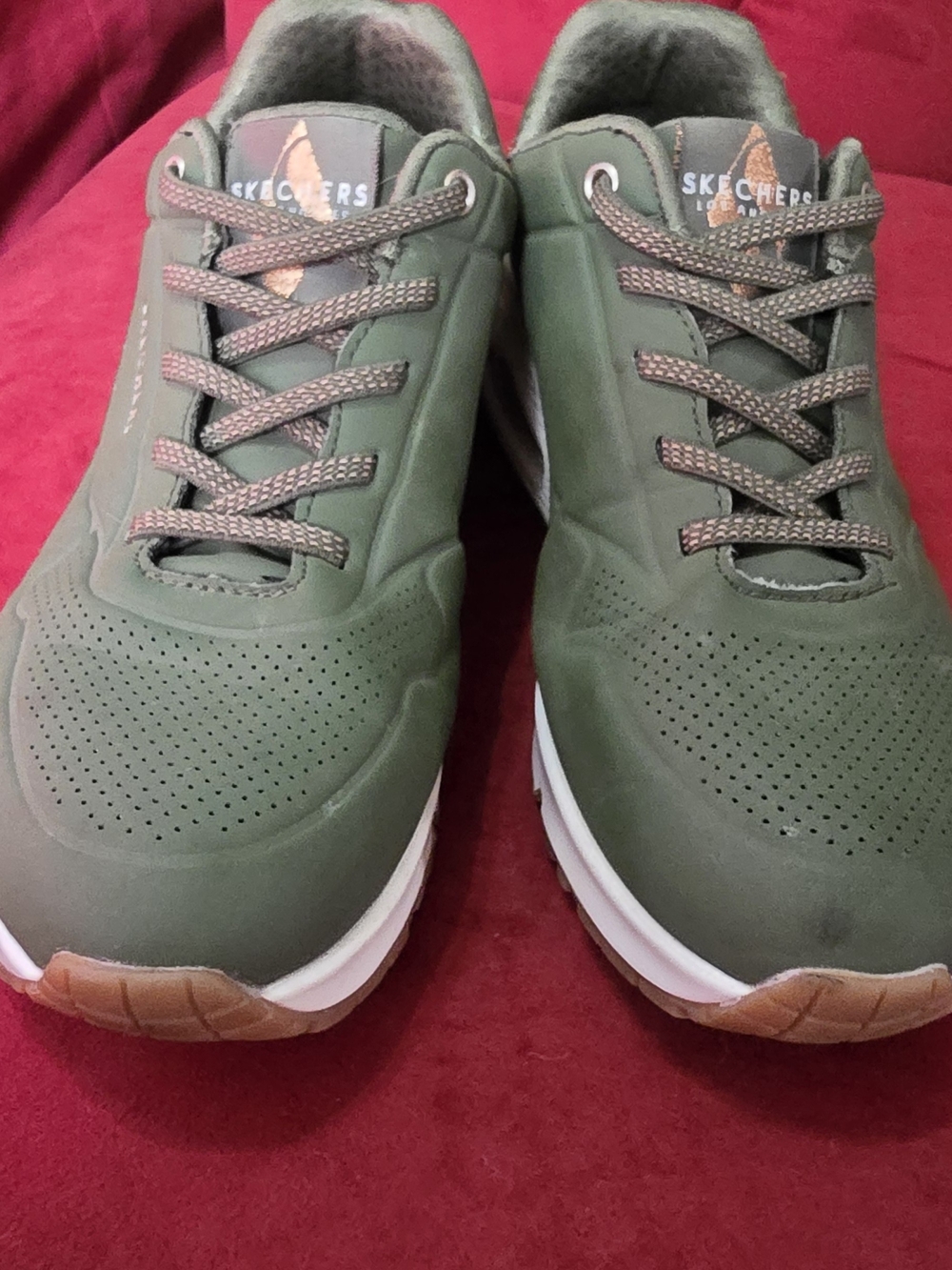 Skechers Women Olive Green Casual Lace-Up Sneakers with Gum Sole Accents
